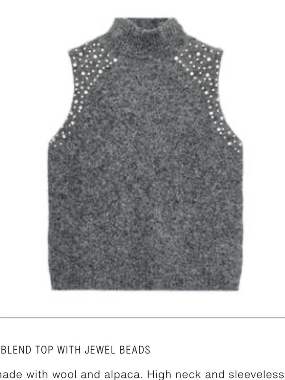 Zara size Small Sleeveless High-Neck Gray Knit Sweater with Jewel Beads